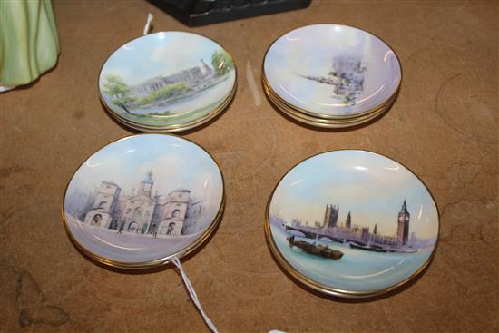 Set of 9 Royal Worcester small dishes painted with London landmarks by Milwyn Holloway